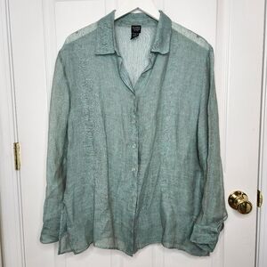 Eileen Fisher Sheer Button-Down Linen Shirt in Seafoam Green